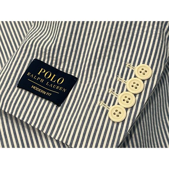 $698 Polo Ralph Lauren Blue Cotton Seersucker Suit 42R 35W NEW WITH TAGS Modern - Picture 3 of 11